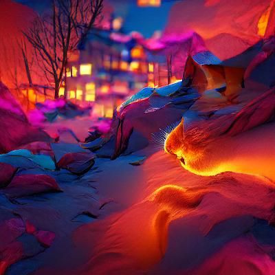 Warm Colored Cat at Night: Fantasy Concept Art