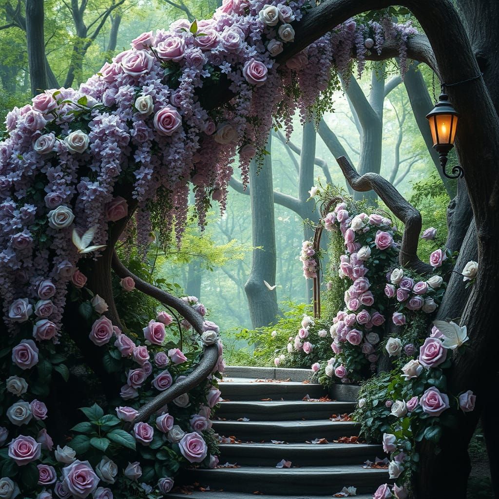 Ethereal Baroque Wisteria Staircase in an Enchanted Forest