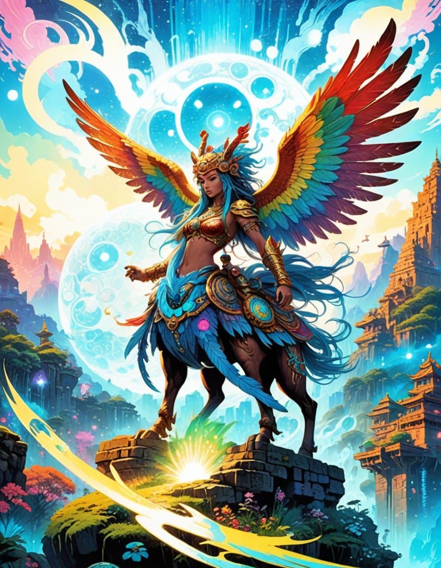 Vibrant Centaur Shaman in Neon Anime Style Poster