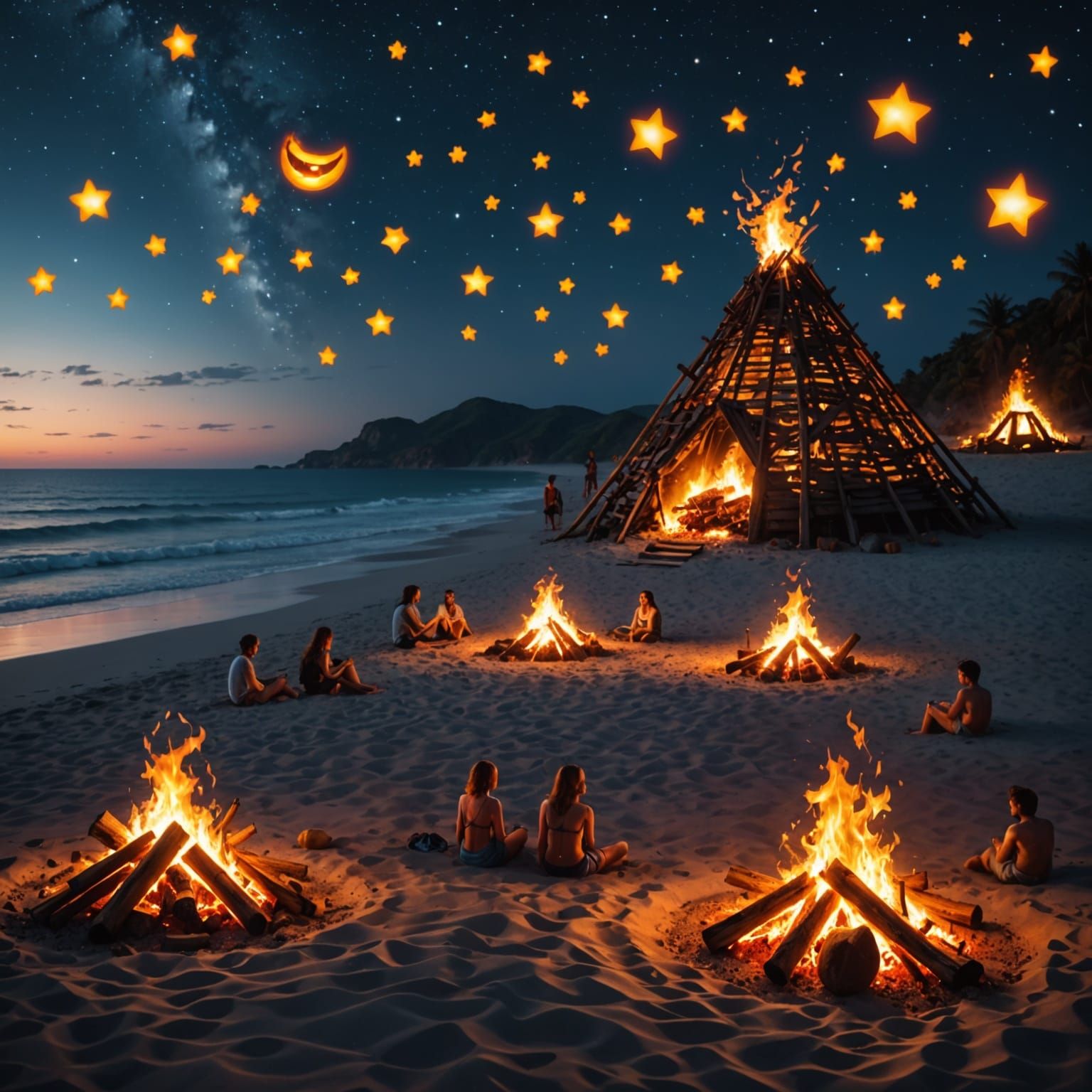 Emojis having an bonfire on the beach after dark with stars ...