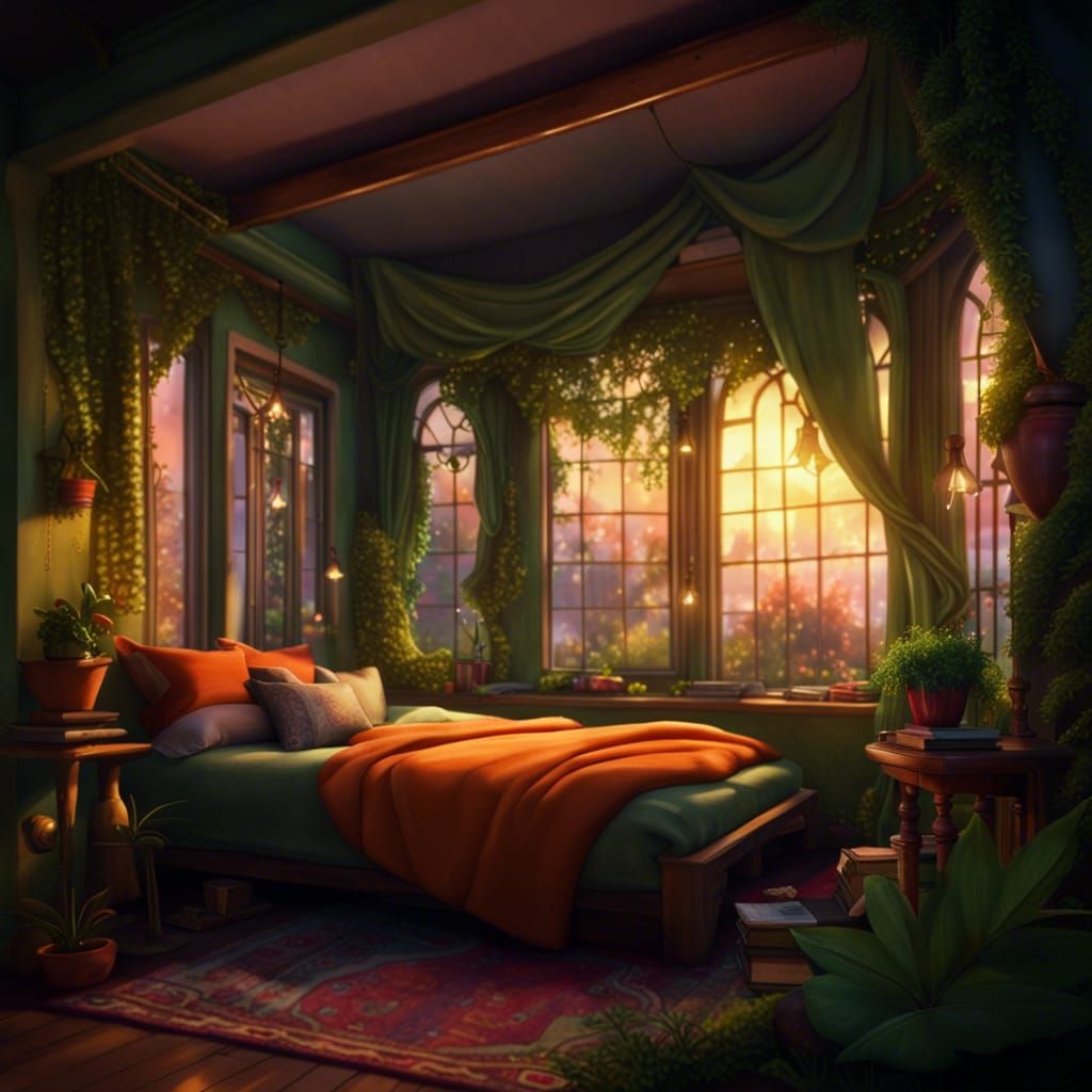 Cozy Cottagecore Bedroom at Sunset: Detailed Matte Painting