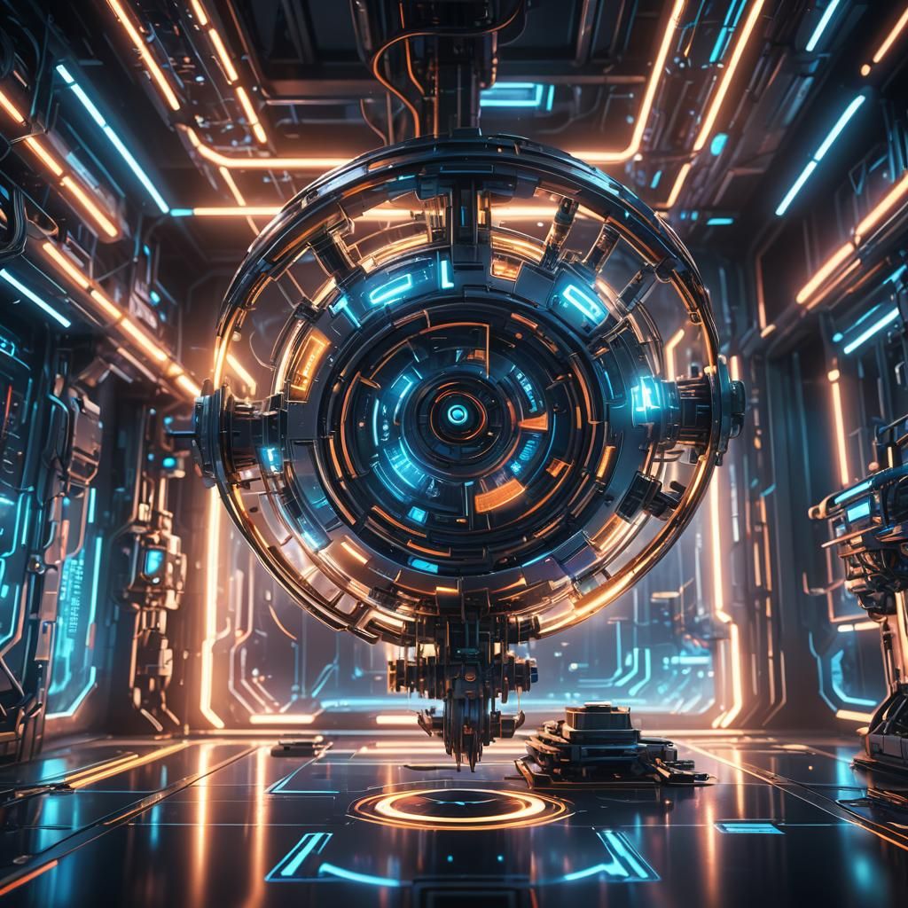 Futuristic Anti-Gravity Device in Neon-Lit Lab