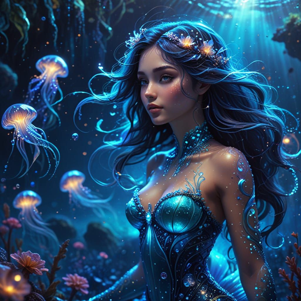 Mystic Mermaid in Bioluminescent Ocean