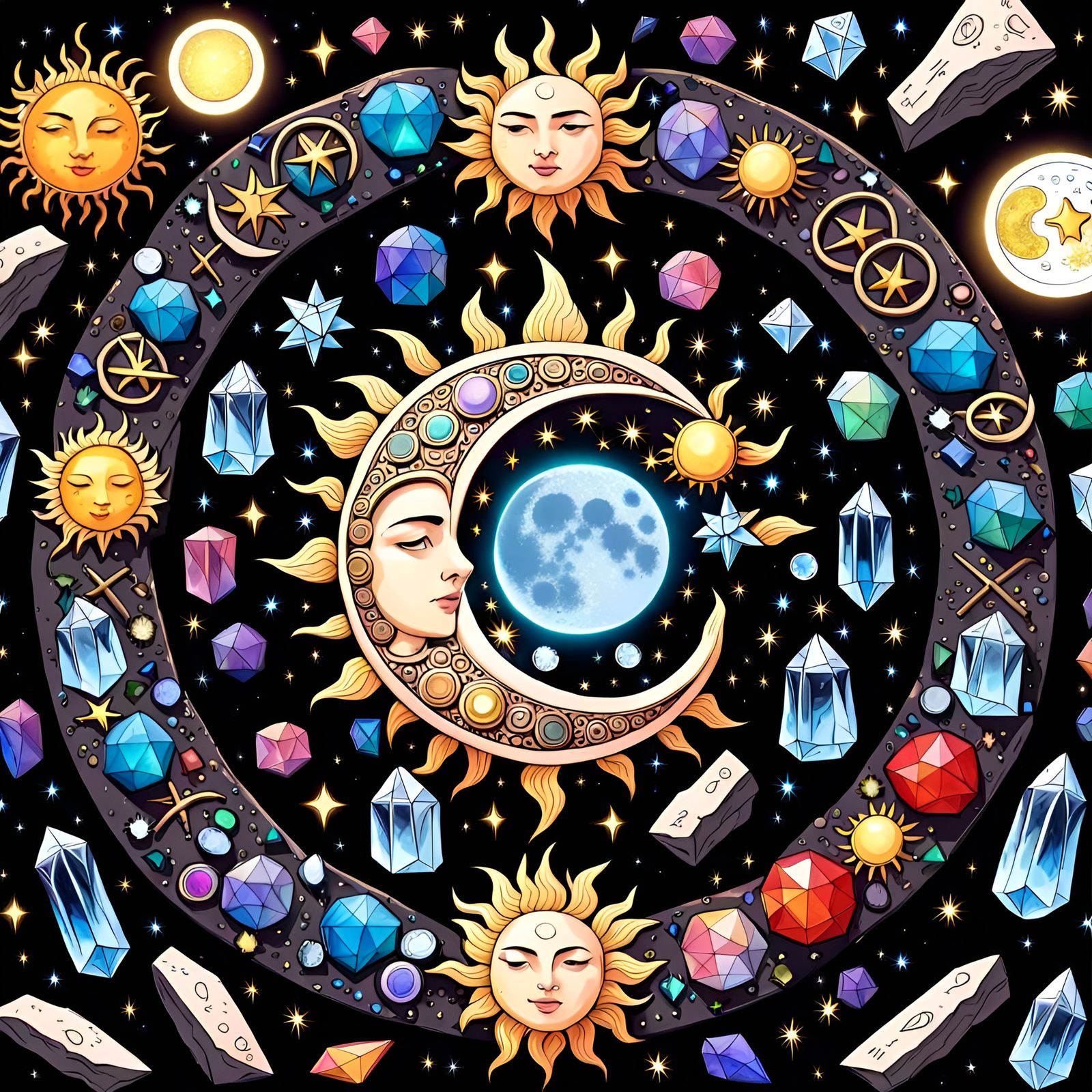 Celestial Bodies Amidst Luminous Gemstones