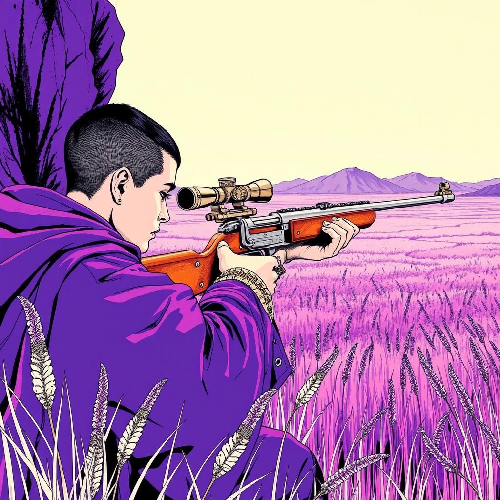 Ultraviolet Grassland Huntress in Minimalist Style