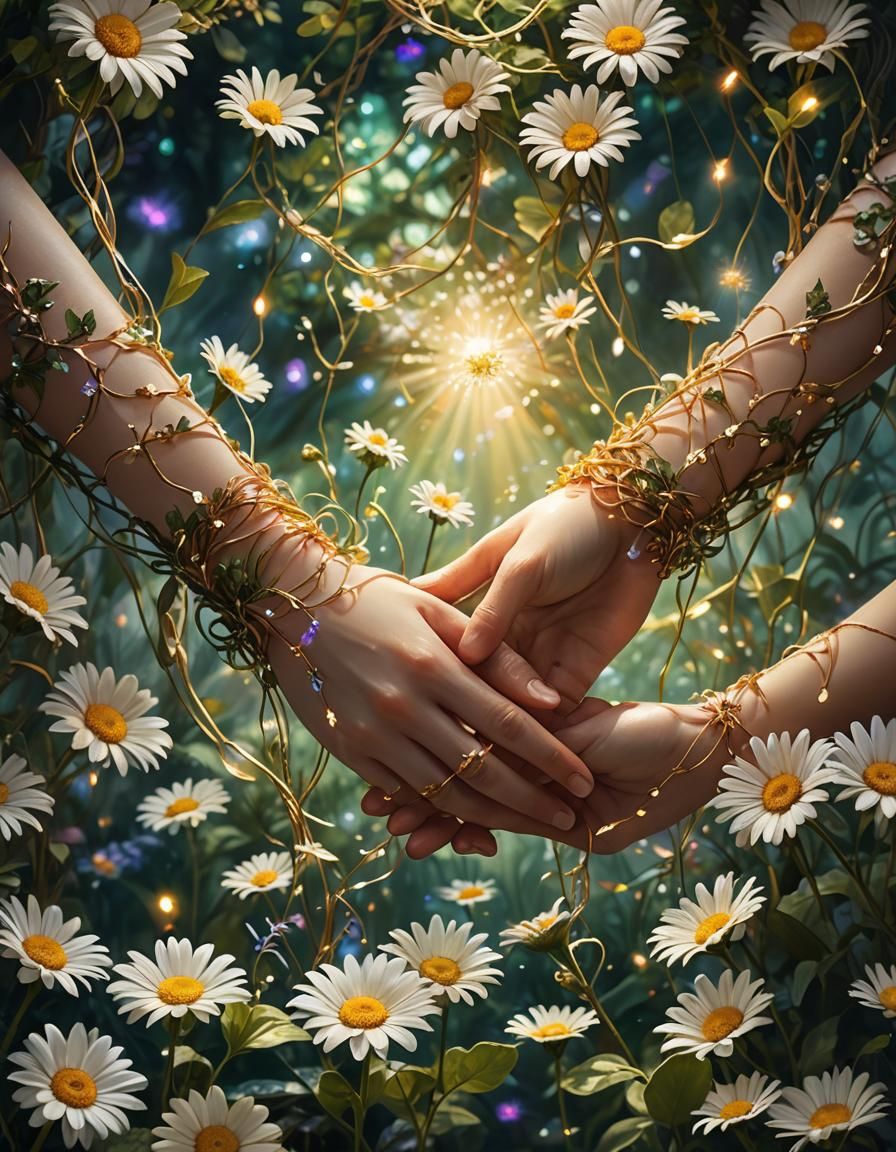 Hands Weaving Daisy Chain in Mystical Garden
