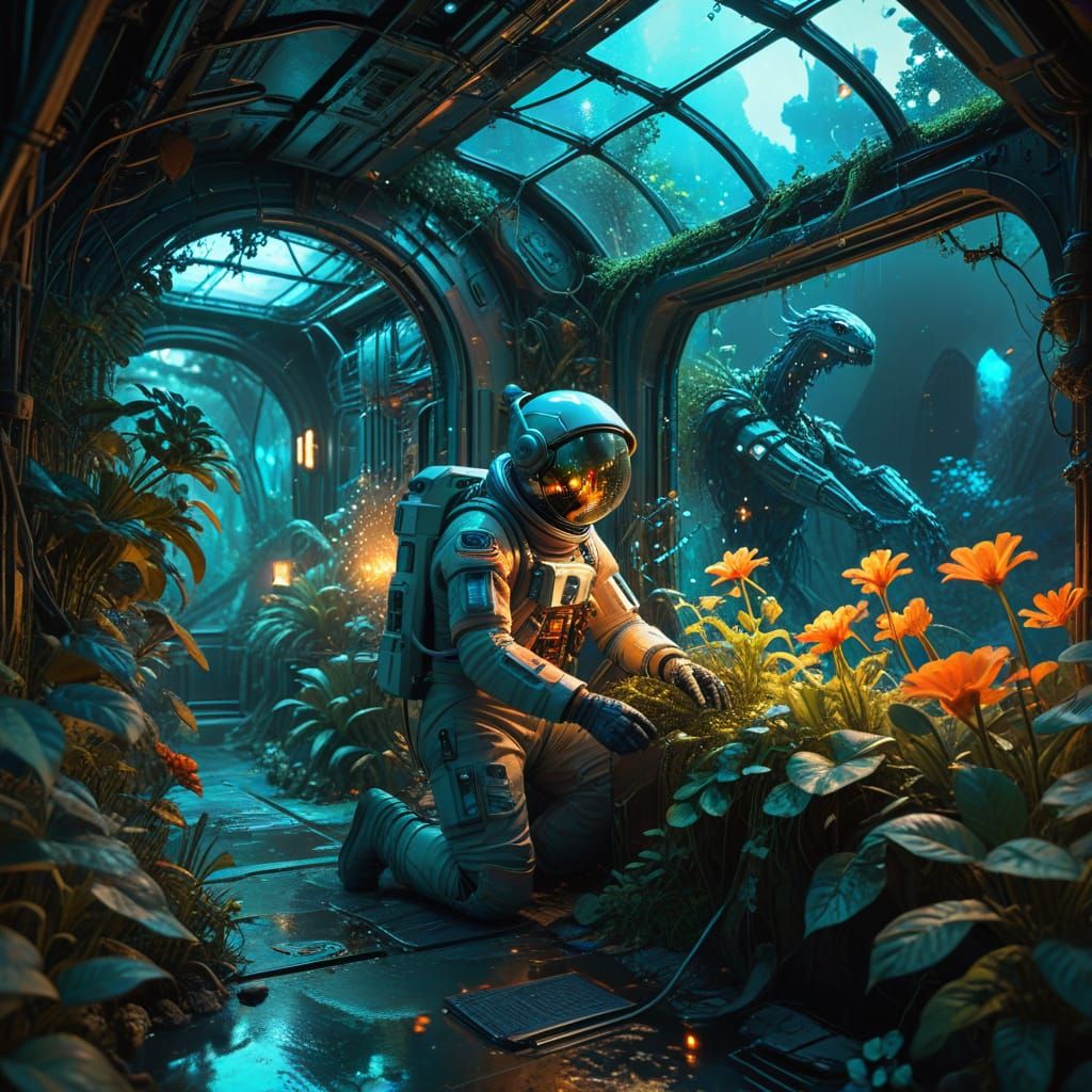 Astronaut's Bioluminescent Garden in Derelict Spaceship