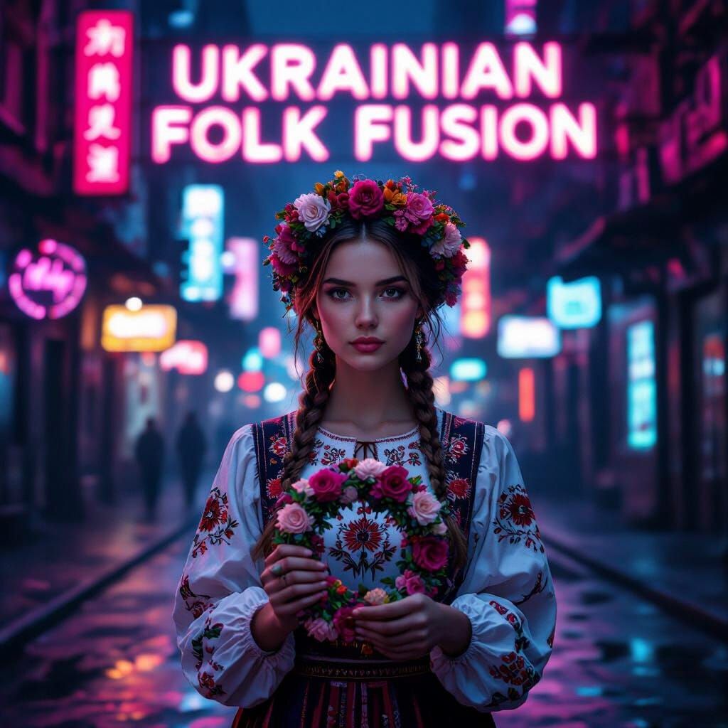 Ukrainian Woman in Cyberpunk City, Hyper-Realistic Style