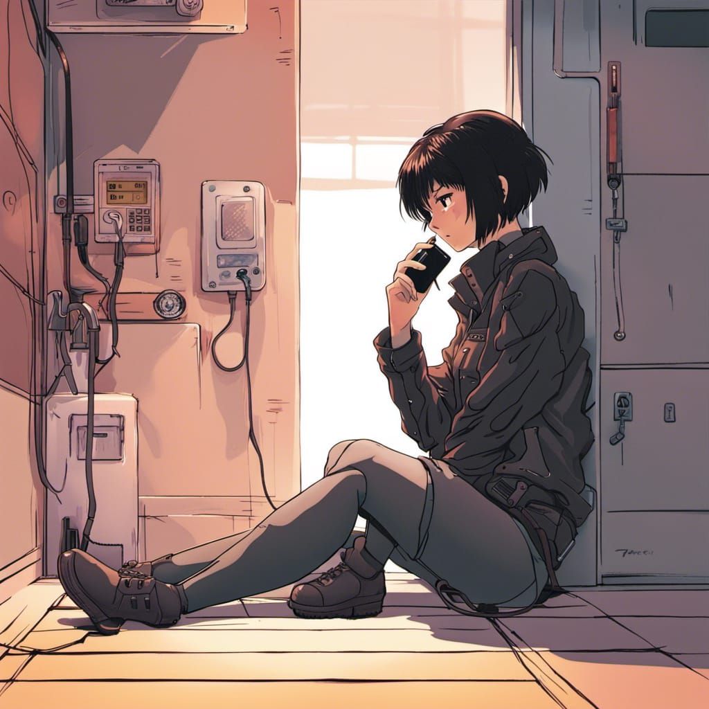 Sad Girl with Phone in 80s Anime Style