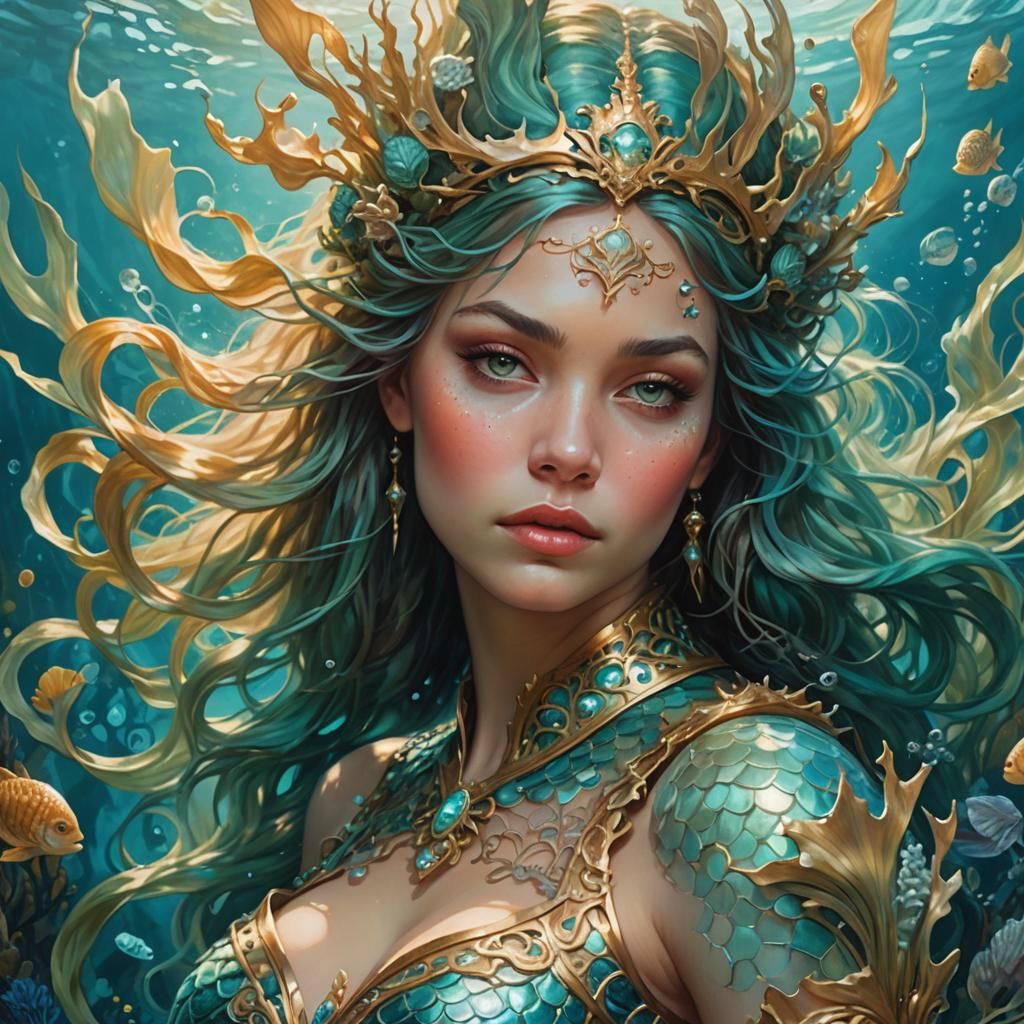 Mermaid in Ornate Armor: Underwater Portrait