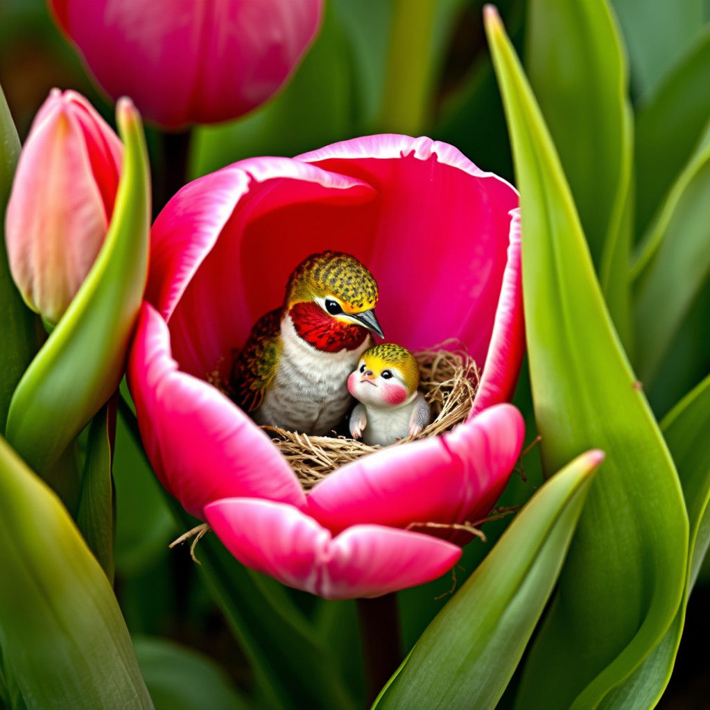 Hummingbird and Bee Tulip Harmony