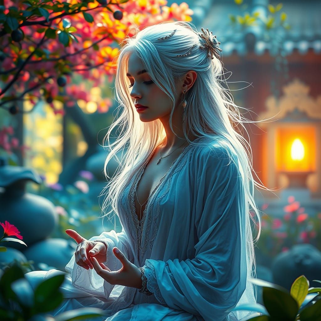 Ethereal Silver-Haired Woman Meditating in Zen Garden