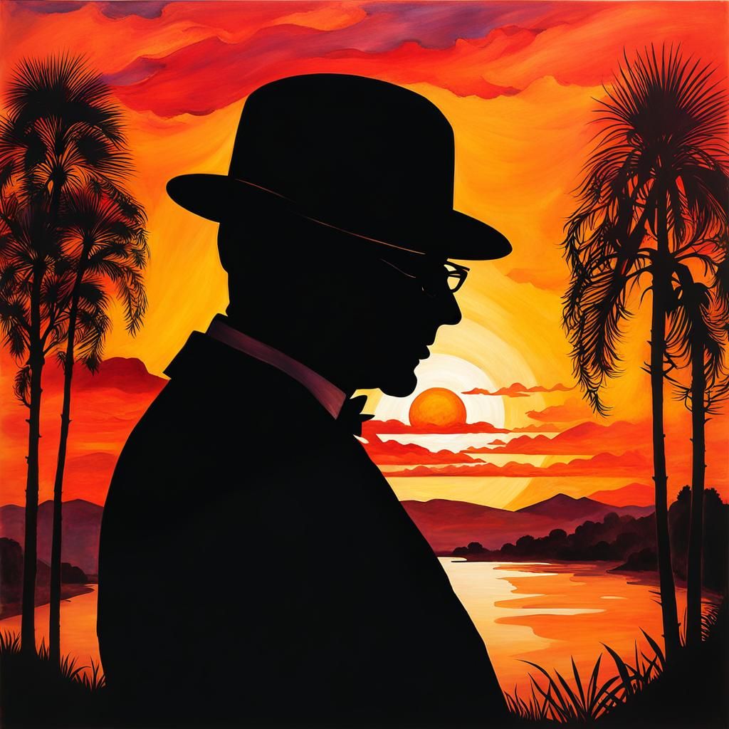 Pessoa Silhouette in Gouache Sunset: Impressionist Style