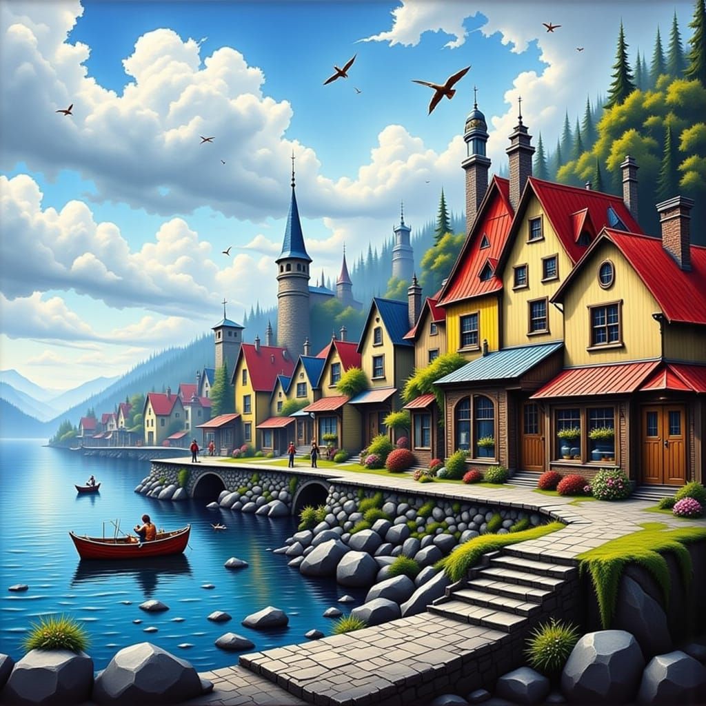 Seaside Harbor Town in Impasto Style