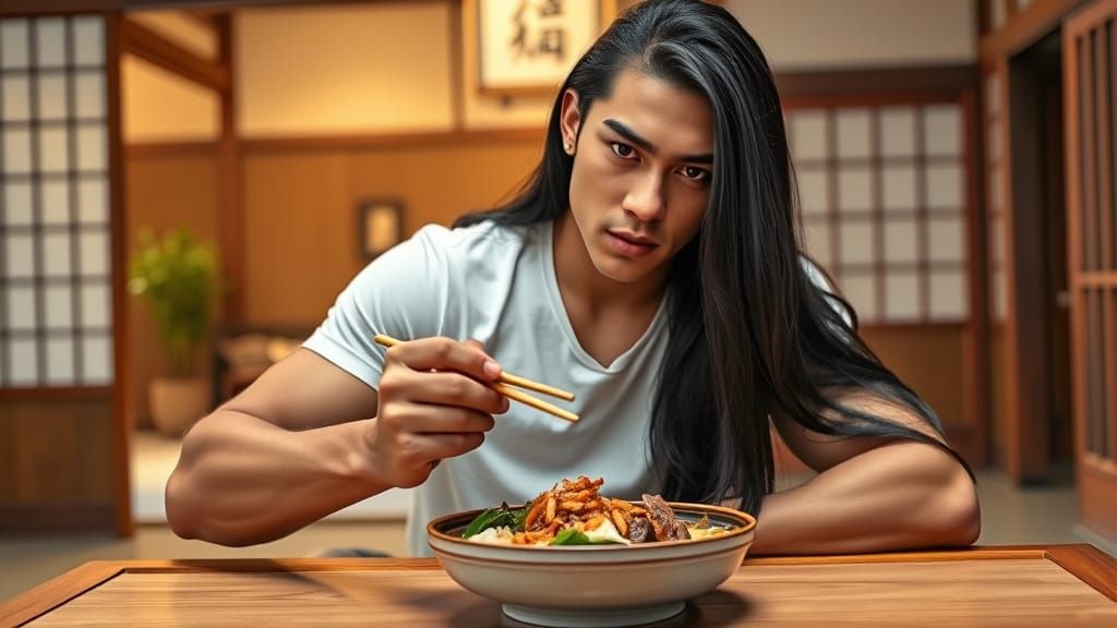 Native American Man Enjoys Gyudon in Japanese House