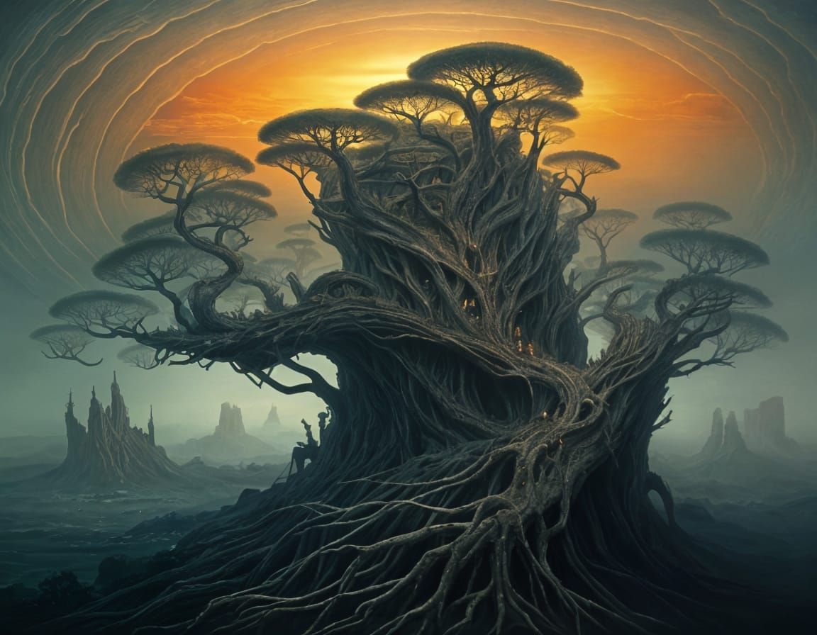 Surreal Landscape Inspired by Escher, Beksinski, and Giger