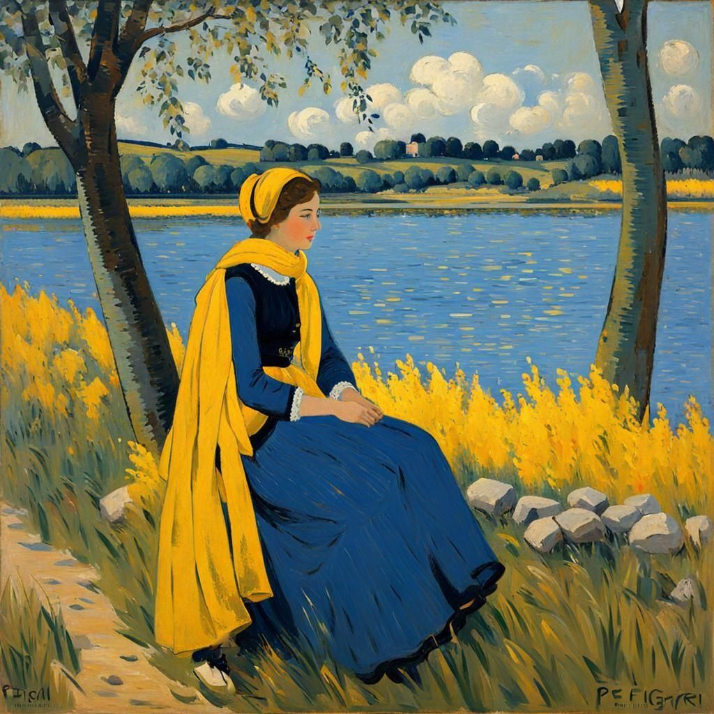 Woman in Blue Dress, Oil on Canvas Illustration