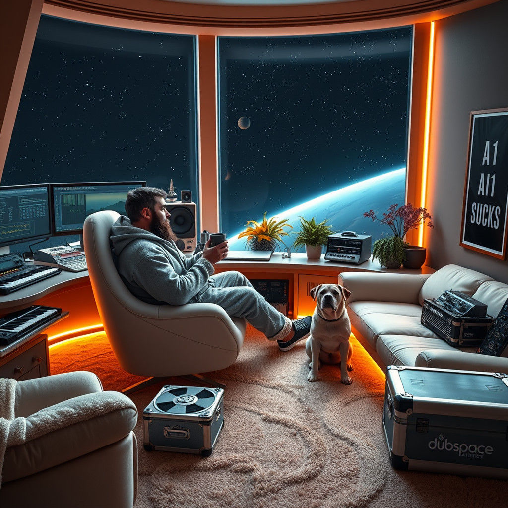 Man and Dog in Futuristic Music Studio