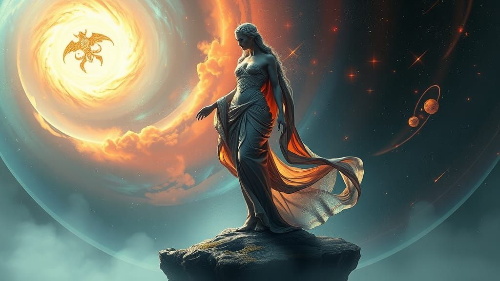 Goddess on Floating Island in Cosmic Nebula