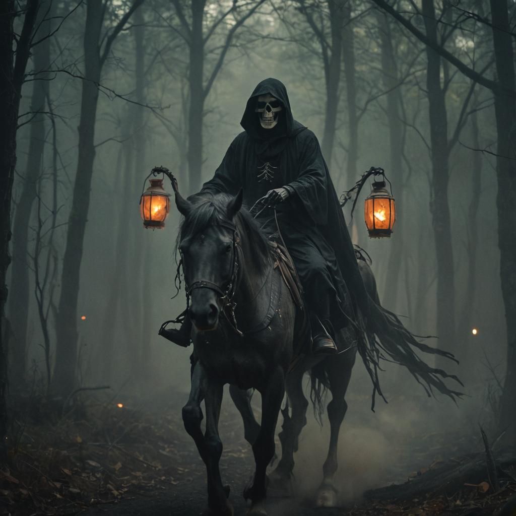 Smokey Grim Reaper on Horse in Misty Forest