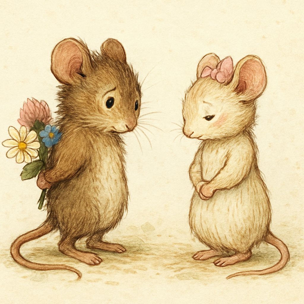 Shy Mice Courtship in Beatrix Potter Style