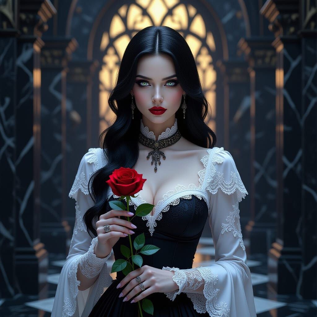 Gothic Woman with Blood Red Rose in Dark Fantasy Style