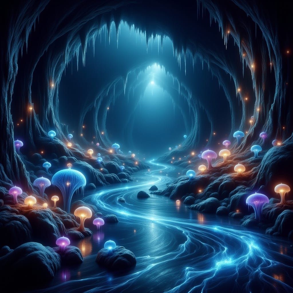 Ethereal Underground River Scene in Dreamy Enchantment Style