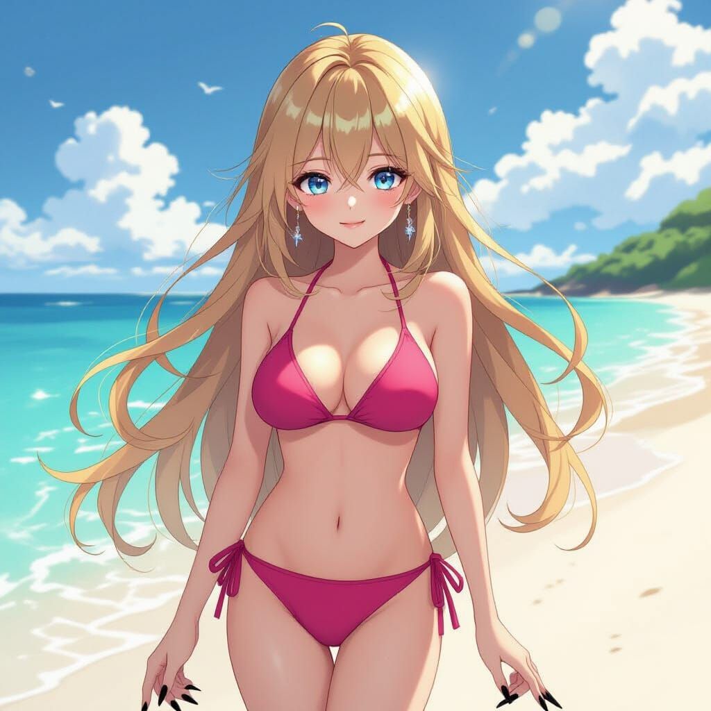 Anime Beach Girl With Long Black Nails in Golden Hour