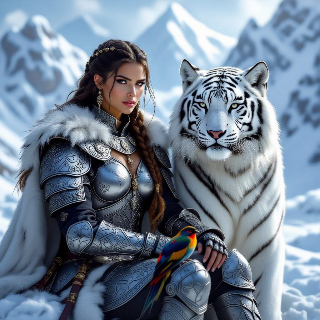 A most beautiful warrior of ancestral lineage, clad in medieval armor of burnished metal in shades of silver and graphit...