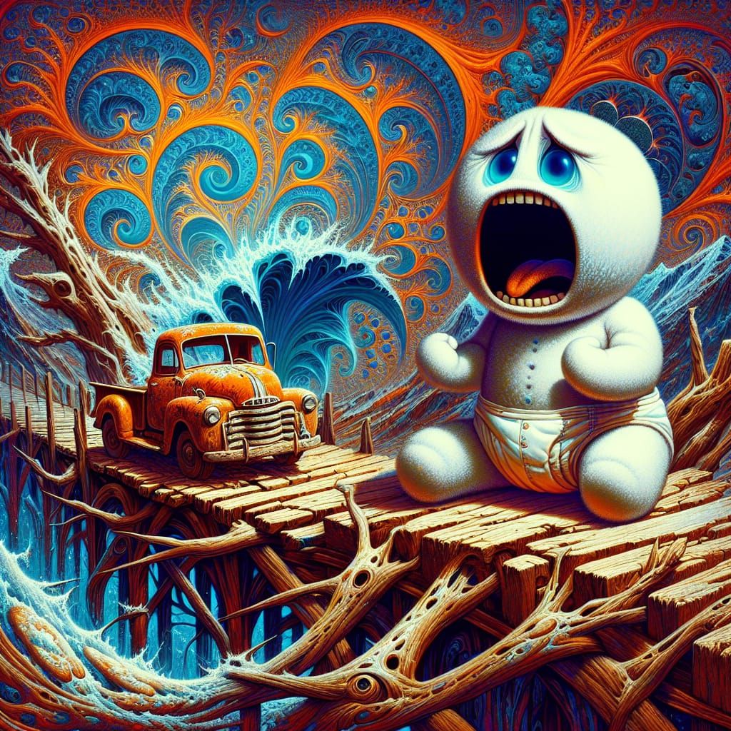 Screaming Snowman in Diaper on Twisted Bridge