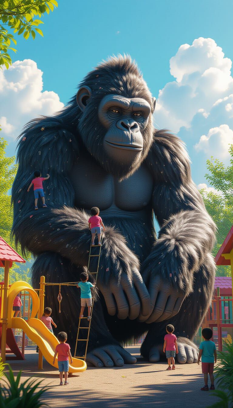 Giant Friendly Monkey Plays with Children at Village Playgro...