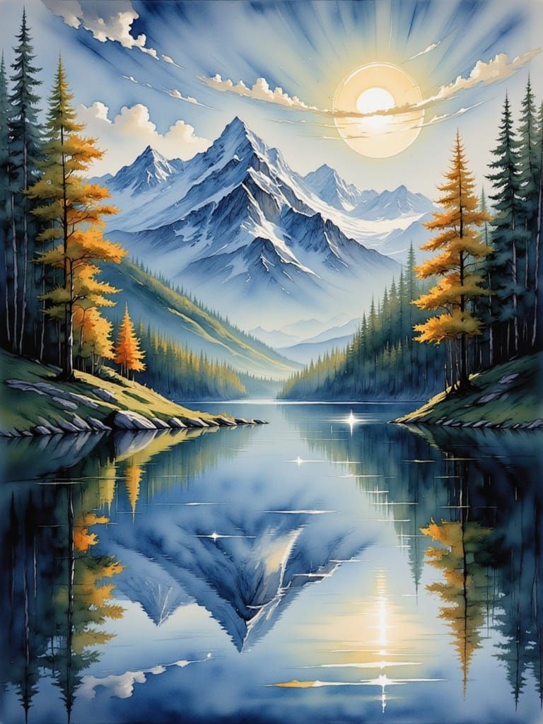 Dreamy Autumn Mountain Peaks by Shimmering Moonlit Lake