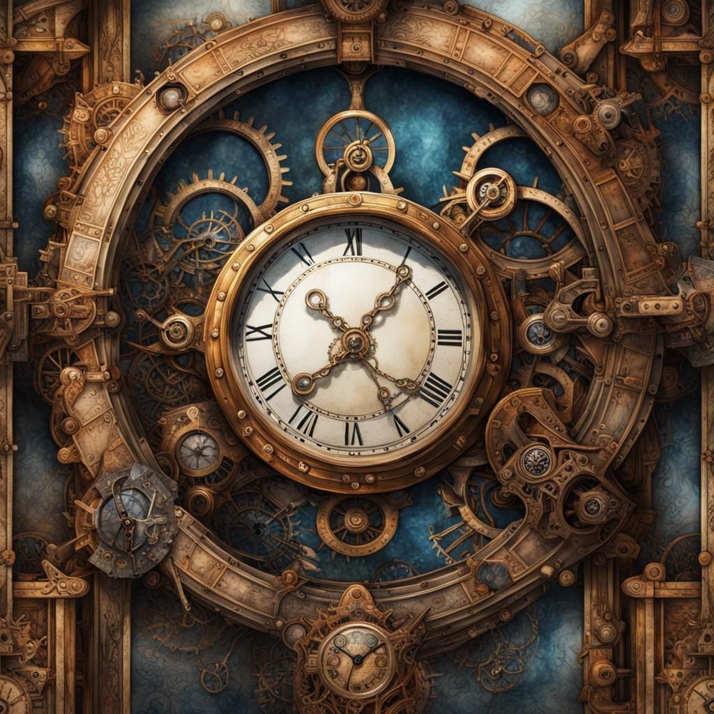 Steampunk Clockwork Border with Watercolor Ink Background