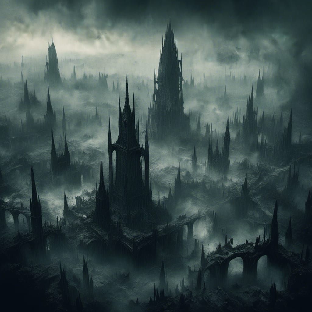 Fog-Shrouded City of Twisted Trees and Spires