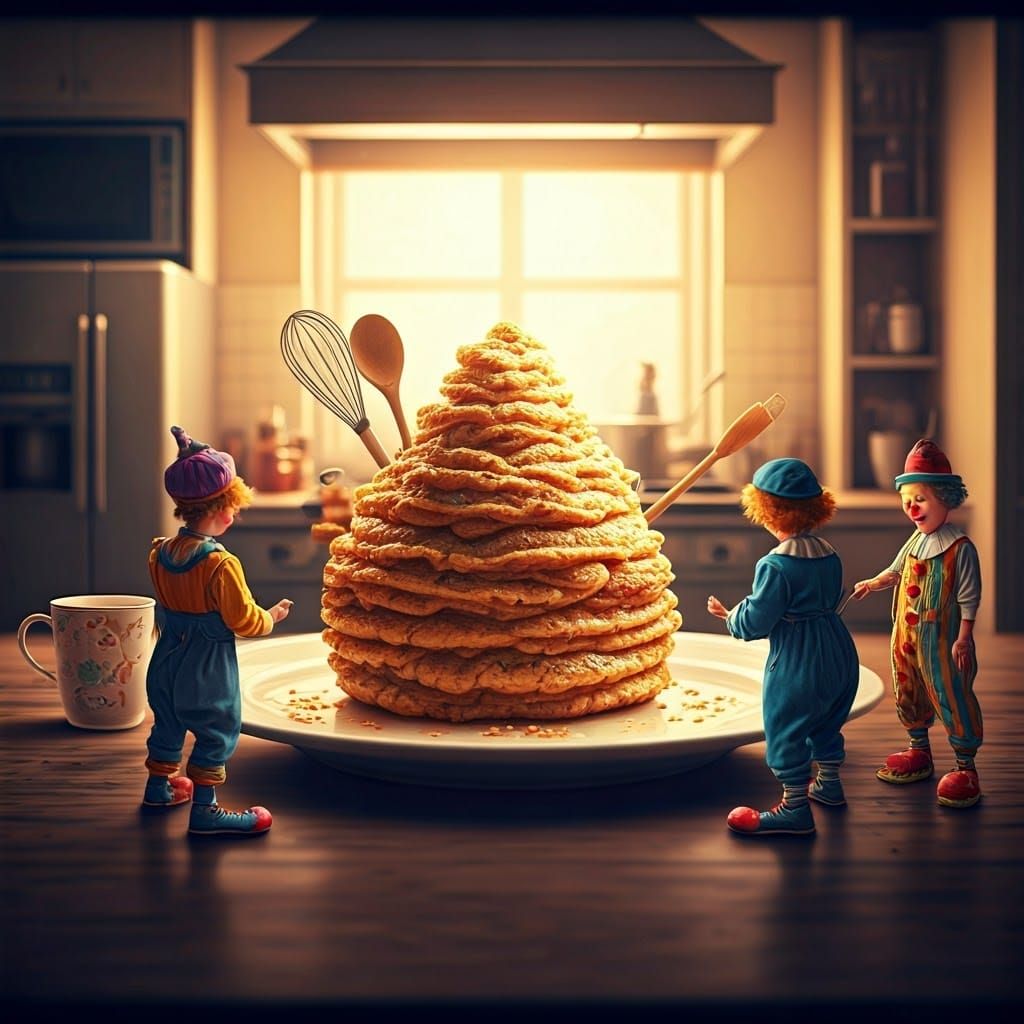 Miniature Clowns Prepare Whimsical Kitchen Dish in Vibrant C...