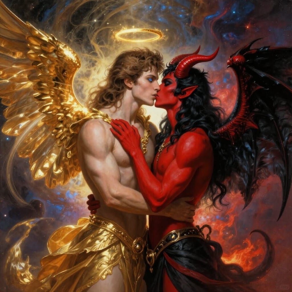 Angel and Demon Embrace in Cosmic Digital Painting