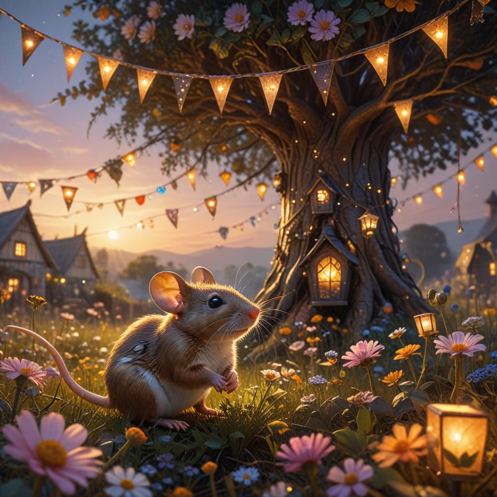 Magical Mouse in Enchanted Flower Field at Sunset