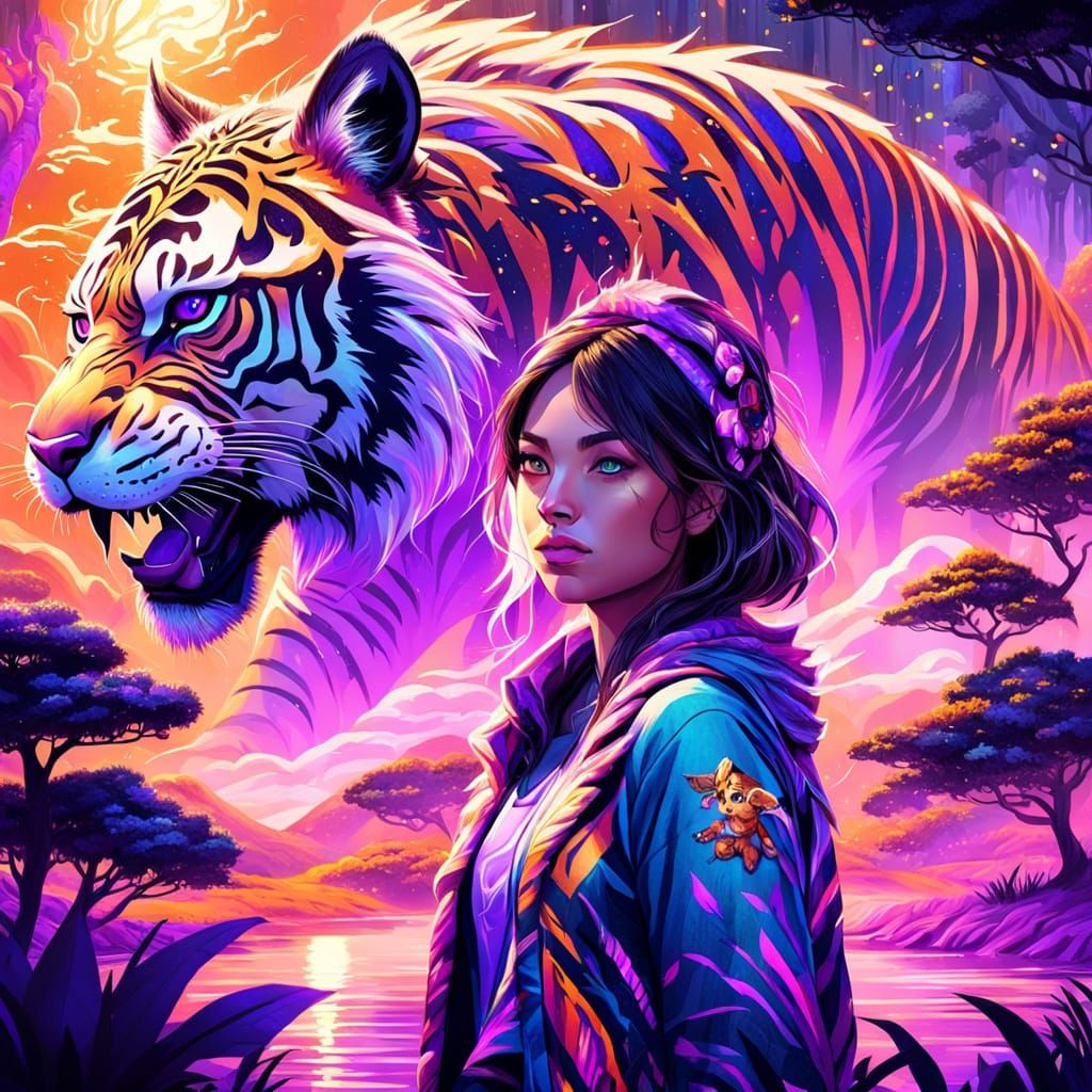 Girl and Tiger in Colorful Fantasy Landscape