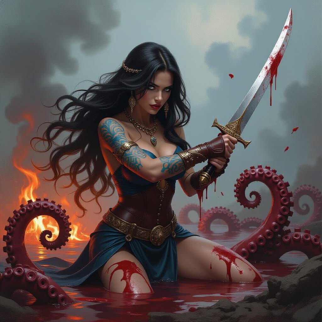 Celtic Warrior Woman Fighting Eldritch Horror in Blood and S...