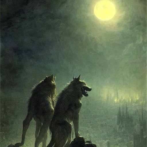 Werewolves Howling at the Moon in Dreamy Landscape