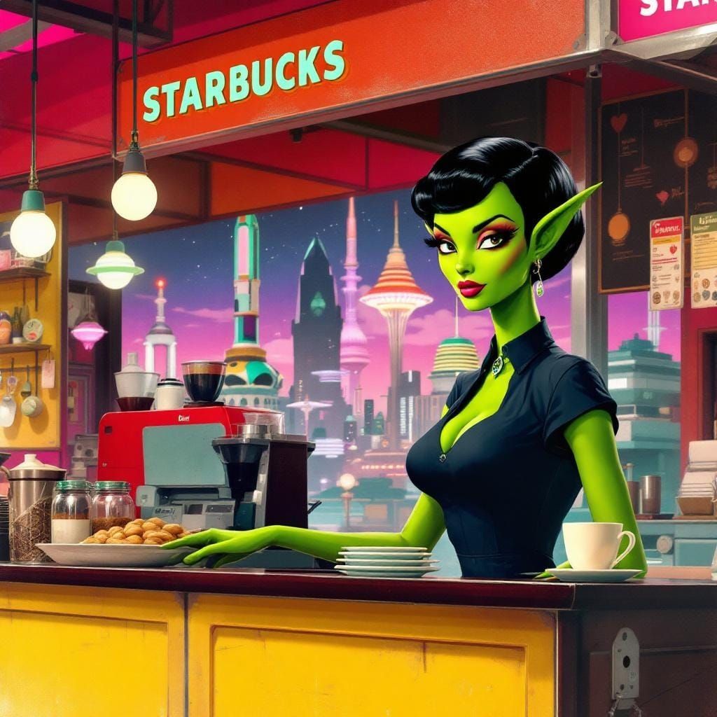 Retro-Futuristic Alien Marketplace: A Glamorous Barista