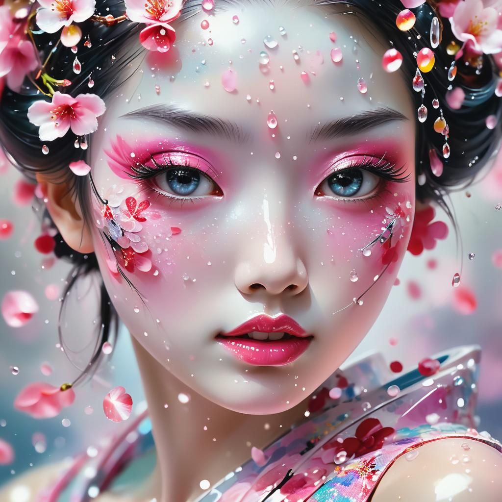 Crystal Geisha with Cherry Blossoms in Impressionism