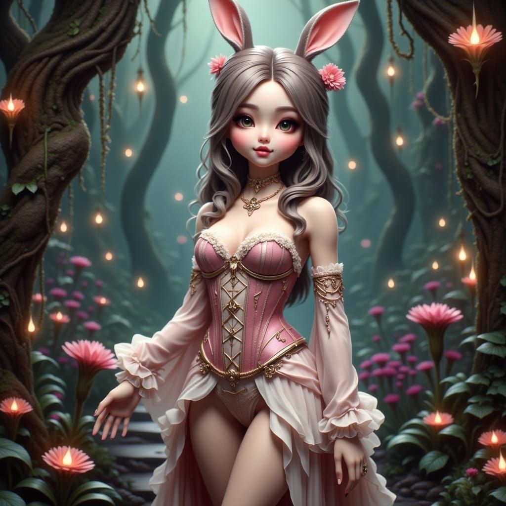 Beautiful Woman with Rabbit Features in Fantasy Forest
