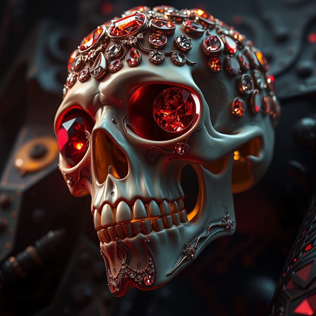 Skull Adorned with Diamonds and Crimson Garnets, Golden Teet...
