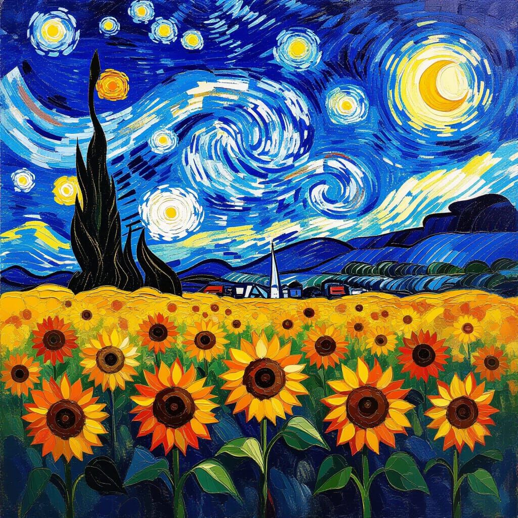 Sunflower Field Under Starry Night Sky as Impasto Painting