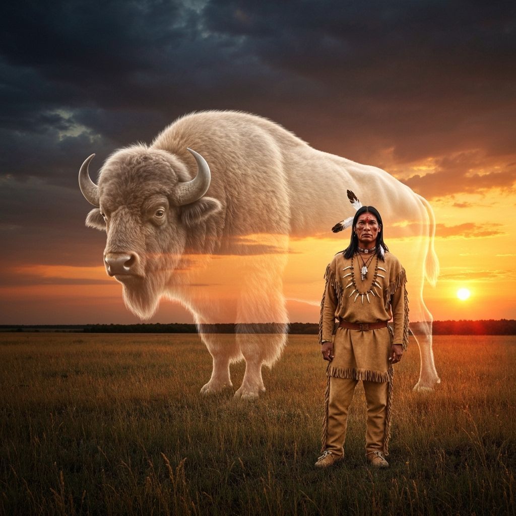 Spirit Buffalo and Warrior Under Dramatic Sunset Sky