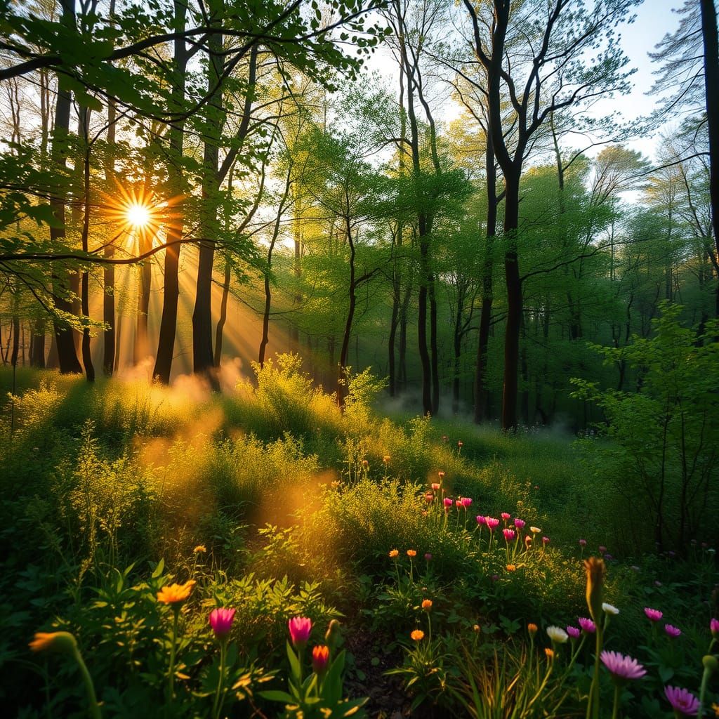 Vibrant Spring Forest Dawn Scene in Landscape Photography St...
