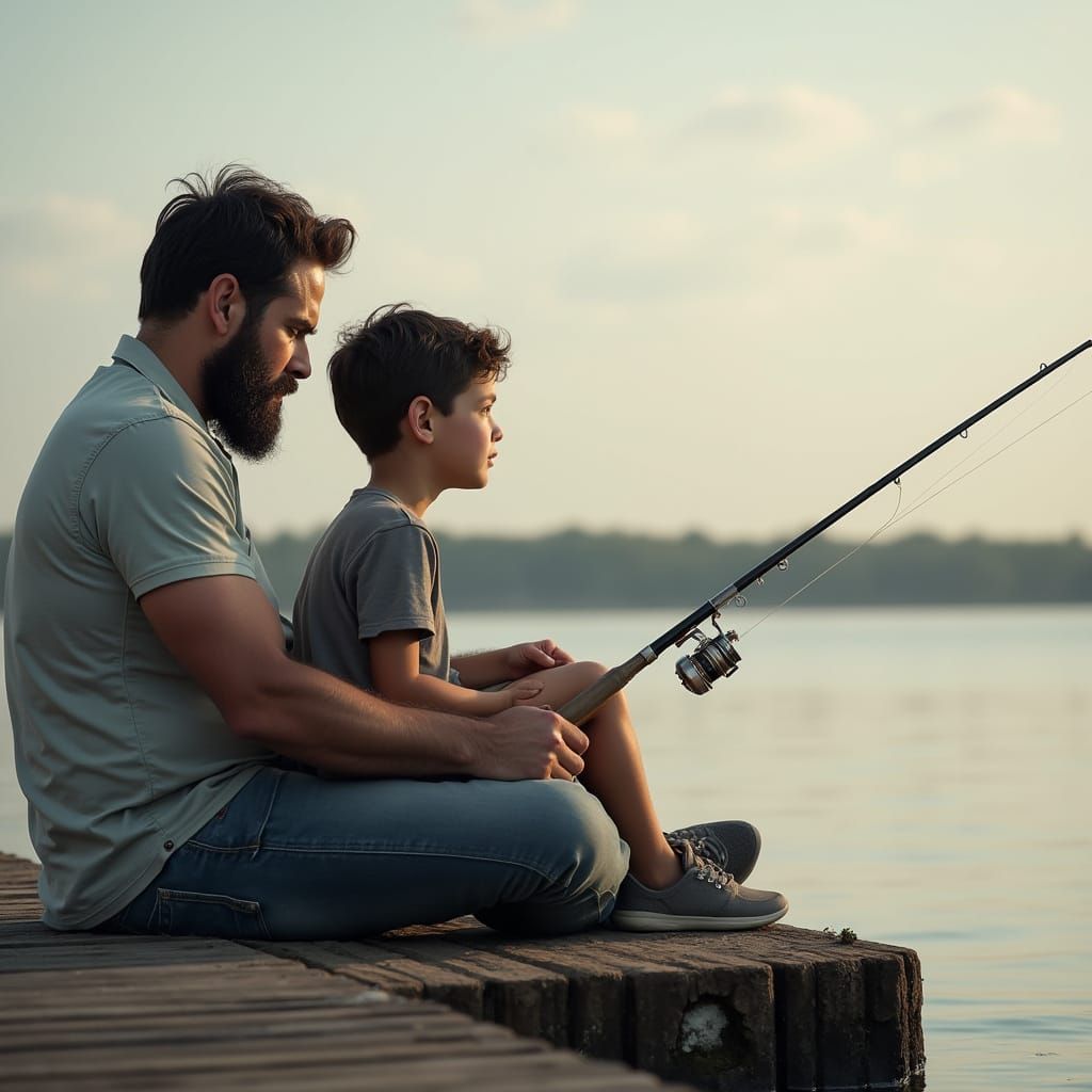 Father and Son Fishing on Riverbank