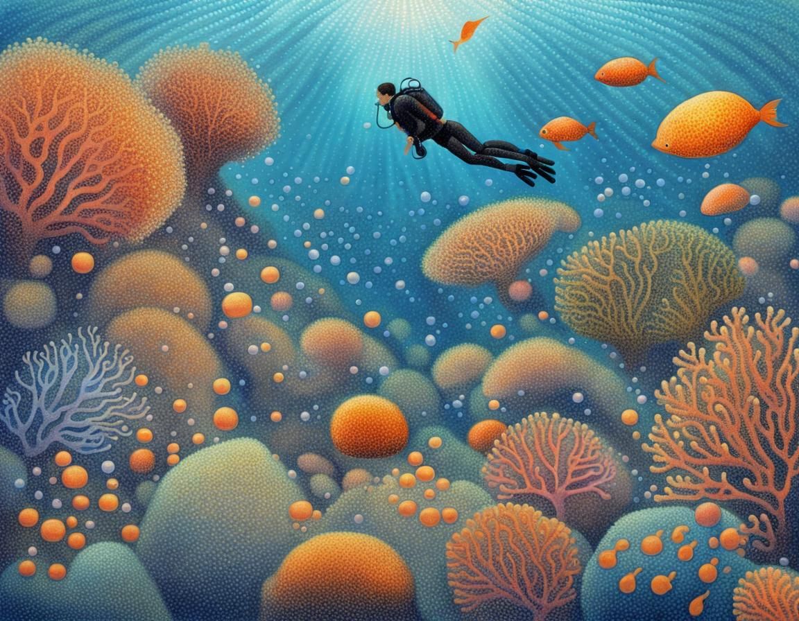 Underwater Seascape with Scuba Diver in Pointillism