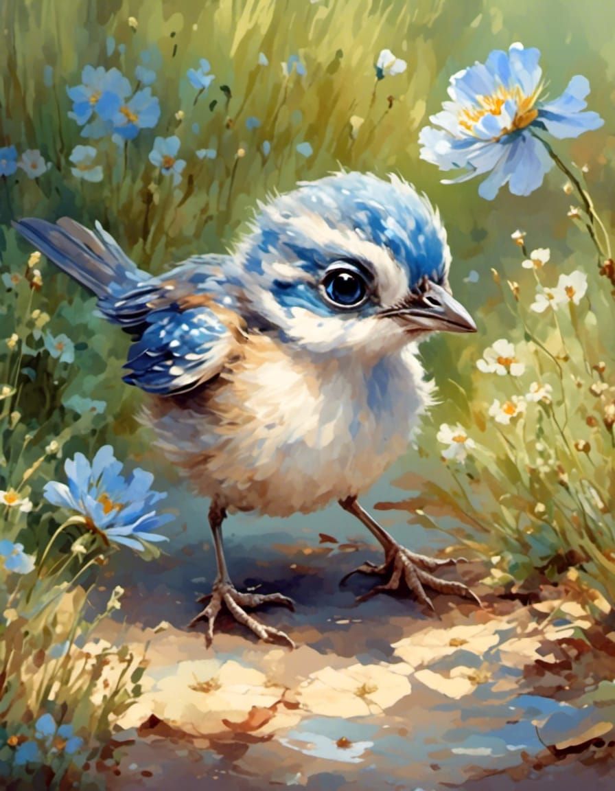 Chibi Bird with Big Eyes in Watercolor Style